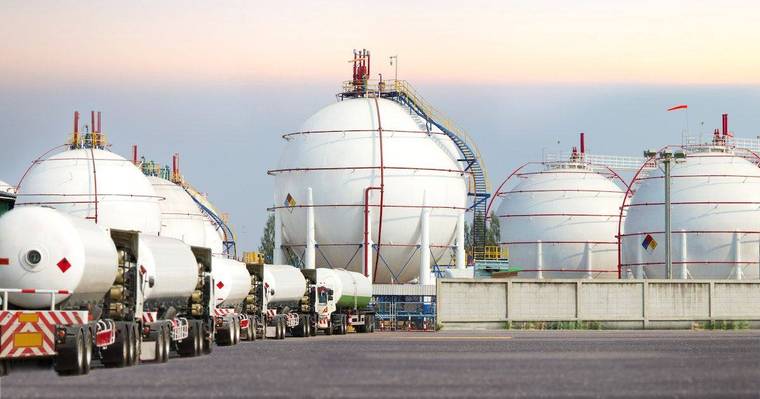 Spherical gas storage tanks at a depot