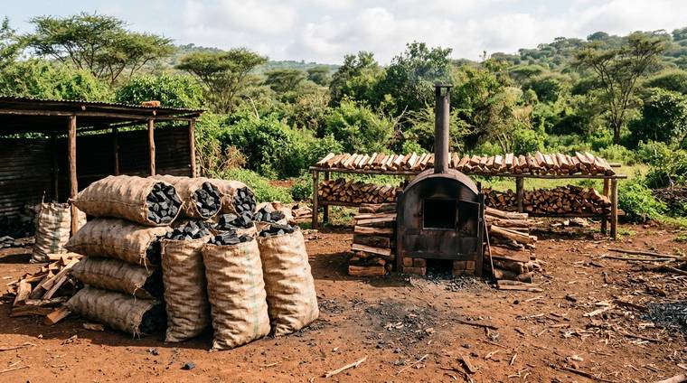 Sacks of charcoal briquettes beside an improved kiln
