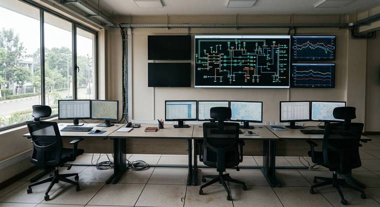 A utility control room with grid schematics on the wall