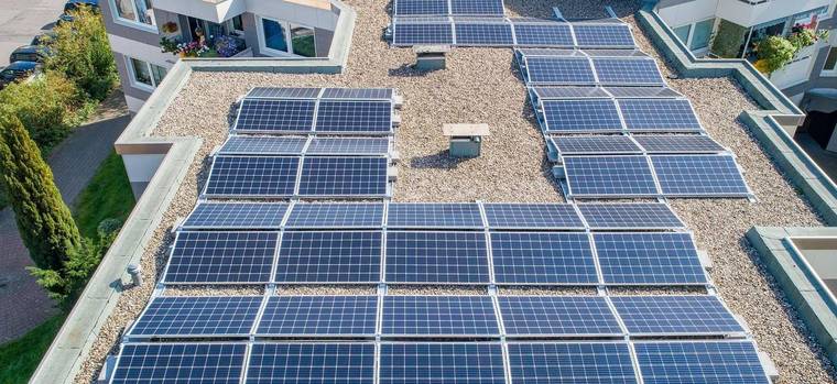 Aerial view of a rooftop solar array